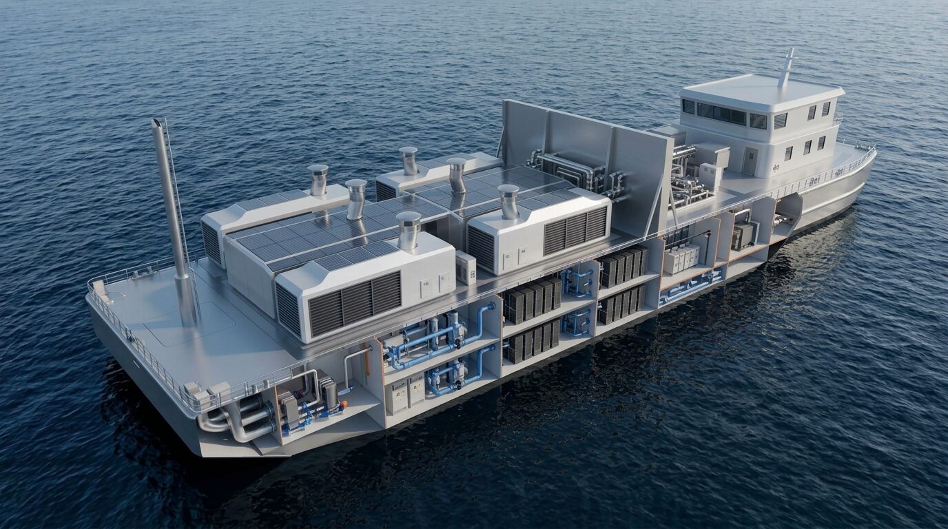 Conceptual cutaway rendering of the Pyra barge showing power, cooling and data-hall zones